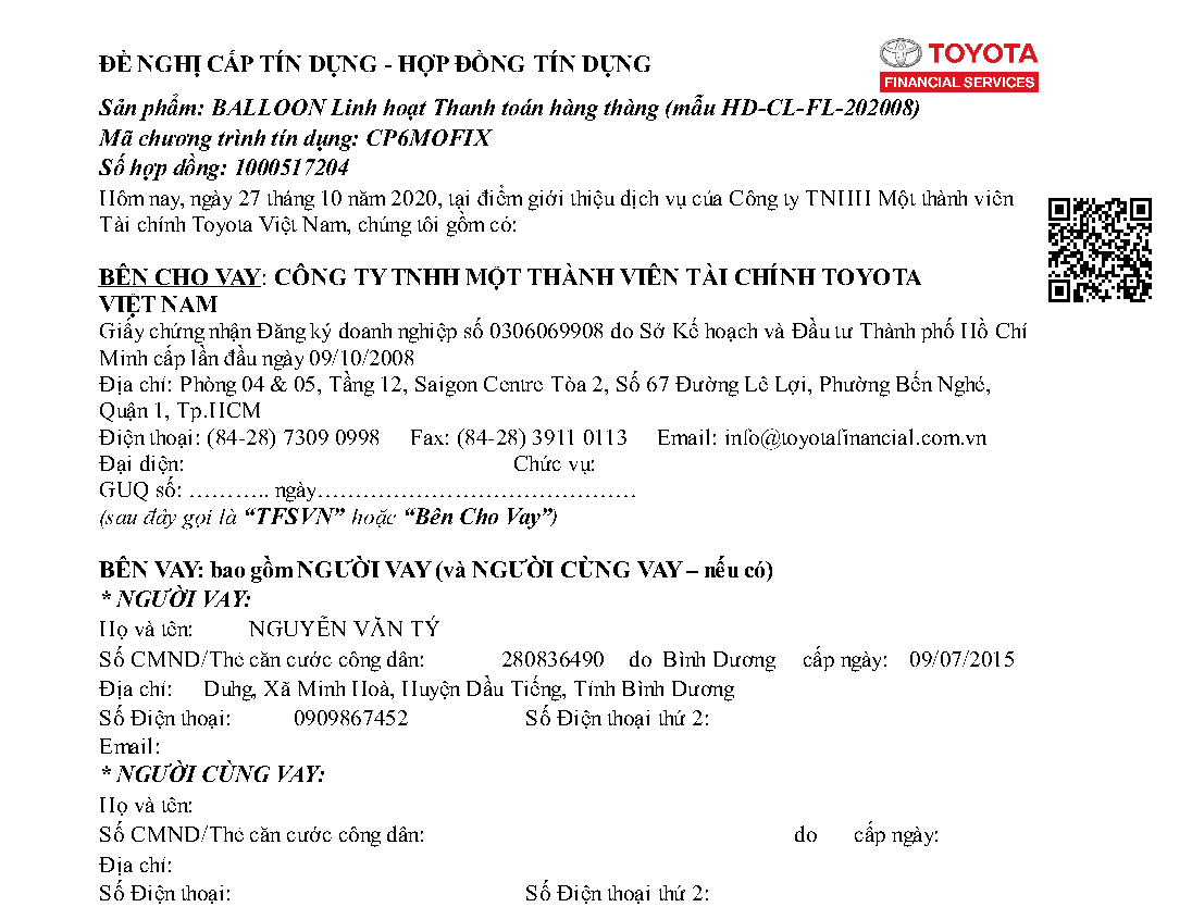 Hợp đồng tín dung cá nhân sản phẩm Balloon Linh hoạt của tài chính Toyota - TFSVN