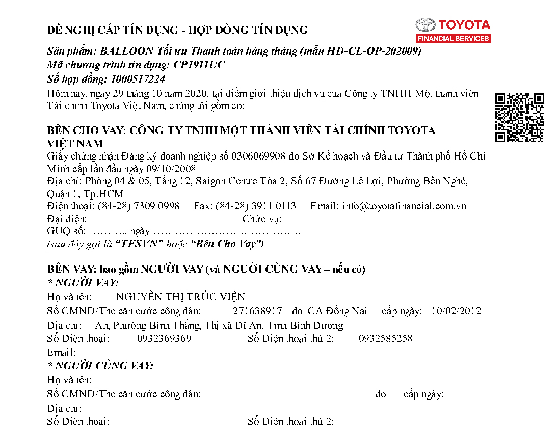 Hợp đồng tín dung cá nhân sản phẩm Balloon Tối ưu của tài chính Toyota - TFSVN