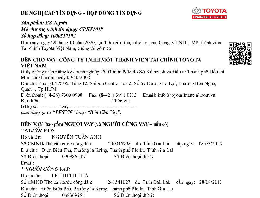 Hợp đồng tín dung sản phẩm EZ của tài chính Toyota - TFSVN
