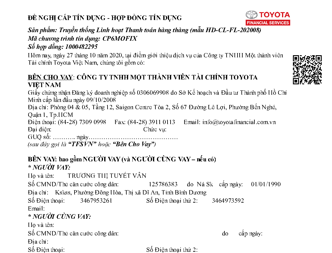 Hợp đồng tín dung cá nhân sản phẩm Truyền thống linh hoạt của tài chính Toyota - TFSVN