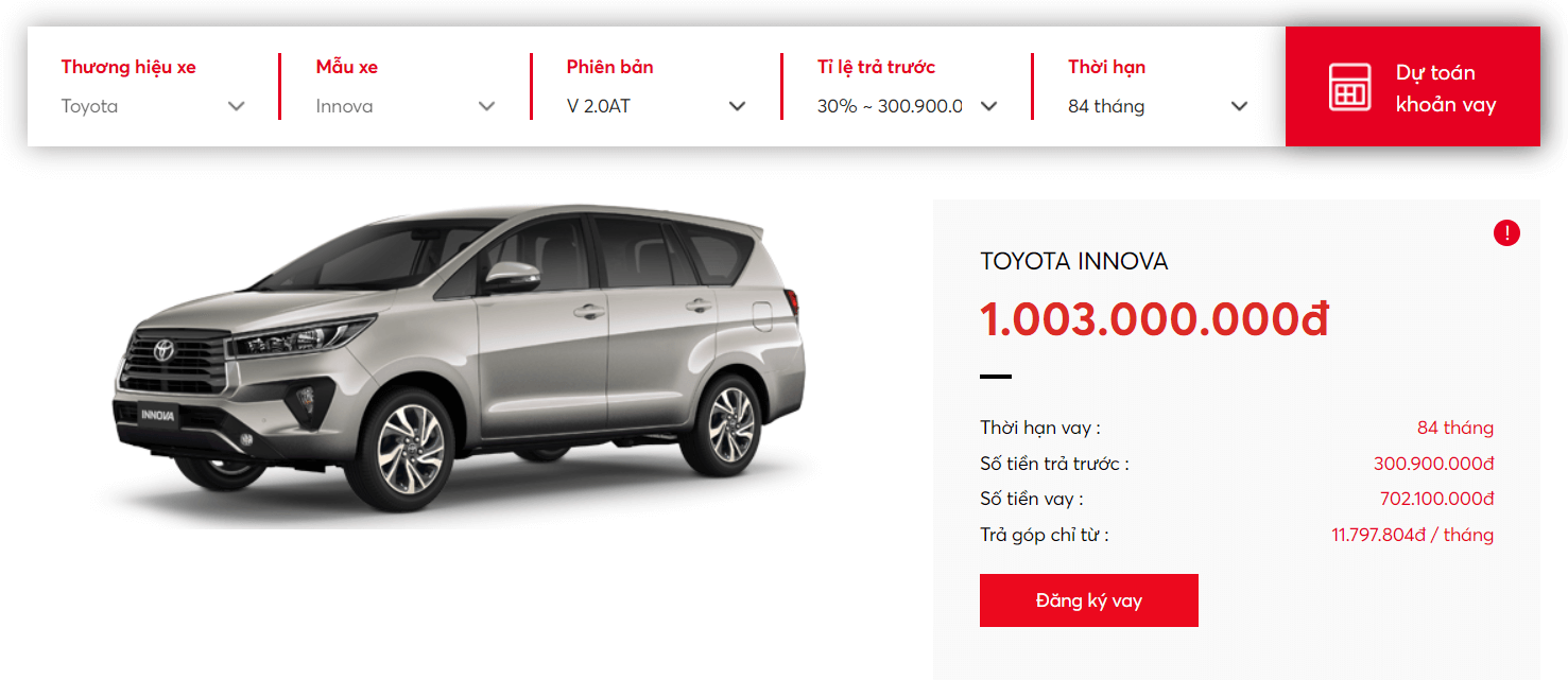 Dự toán khoản vay Toyota Innova V2.0AT với tỷ lệ trả trước 30% trong 84 tháng tại TFSVN