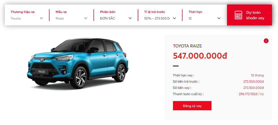 Dự toán khoản vay xe Toyota Raize Đơn sắc với gói vay 50-50