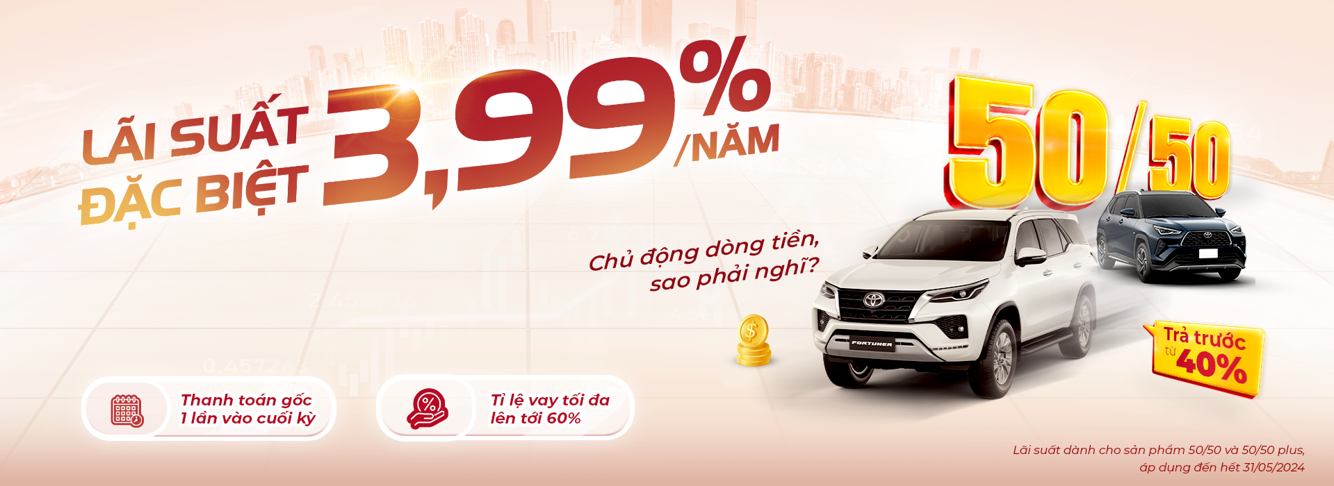 Ưu Đãi Lãi Suất Vay Mua Xe Toyota trong tháng 05 dành cho sản phẩm 50/50 và 50/50 Plus
